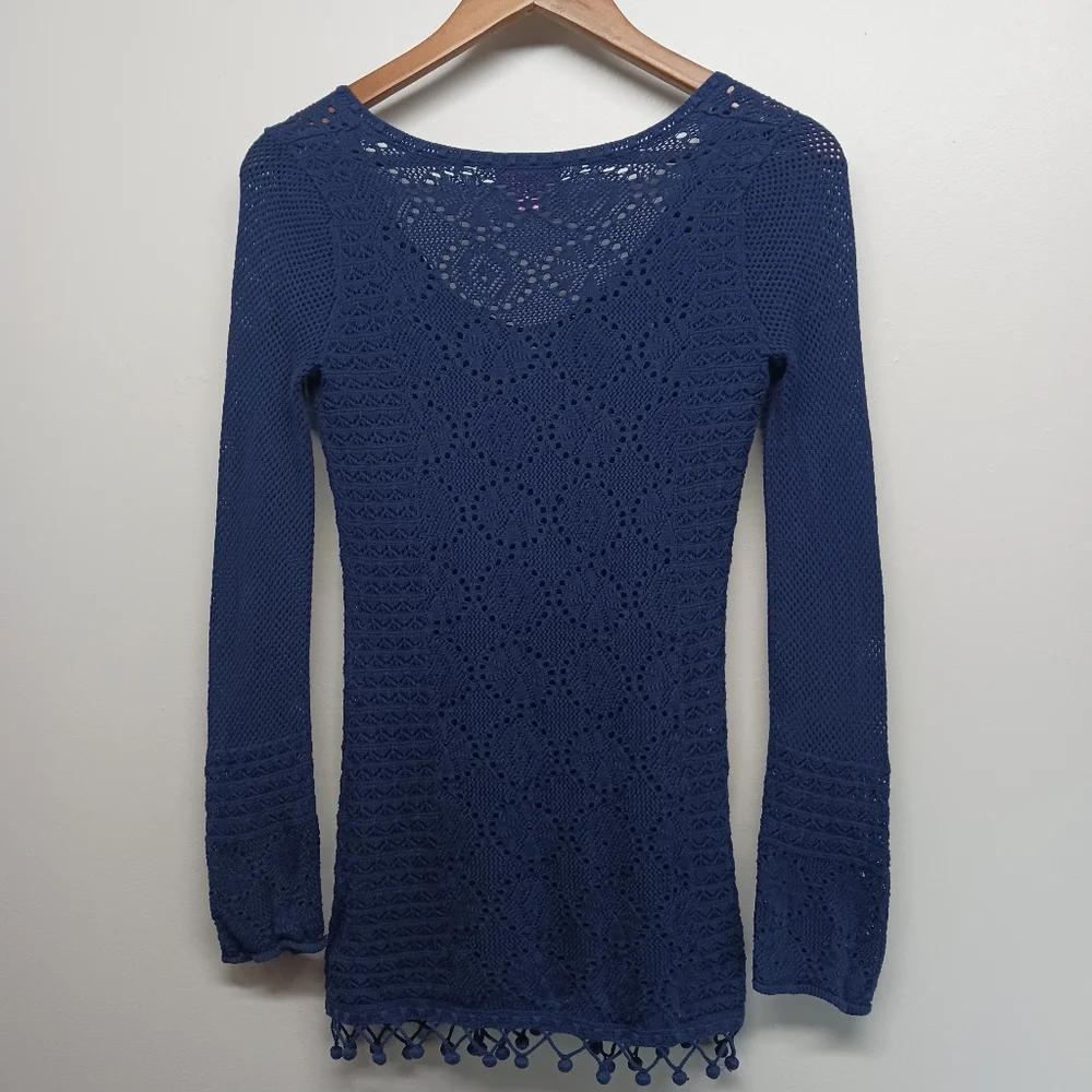 Lilly Pulitzer Crochet Top Women Size XS Navy Blue Long Sleeve 100% Cotton